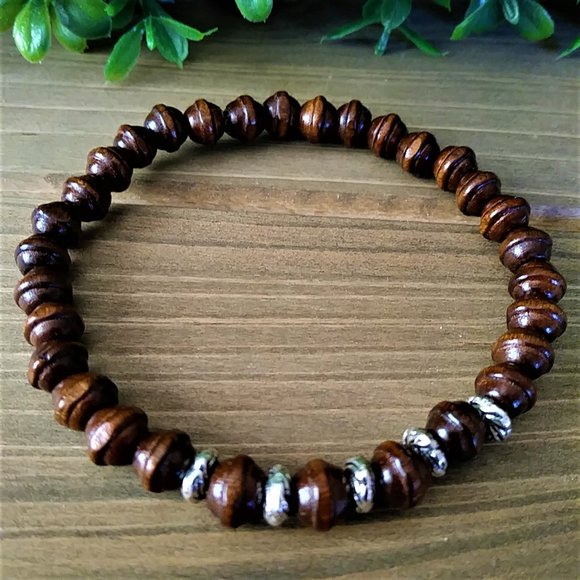 New Men's/Unisex Wood & Silver Beaded Bracelet - Picture 2 of 3